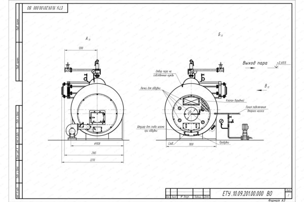 Твердотопливный парогенератор 1000 кг 170 С чертеж